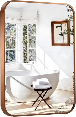 Дзеркало для ванної кімнати на стіну з круглим кутом та коричневим металевим каркасом, 76.2 x 50.8 см, бронза, для ванної, передпокою, вітальні, спальні