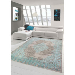 Мериносовий килим для вітальні з орнаментом, Вінтажний килим бірюзово-сірого кольору розміром 80x150 см (80 см х 300 см)