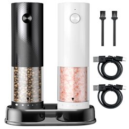 Електричні солі та перечні млини 2 шт. з USB-C зарядкою, регулюванням помелу, LED підсвіткою, керамічним жорном та підставкою – чорний/білий