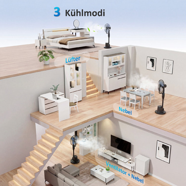 Підлоговий вентилятор з функцією зволоження, осциляція 70°, 3 швидкості, 3 режими, резервуар для води 3,5 л, чорний