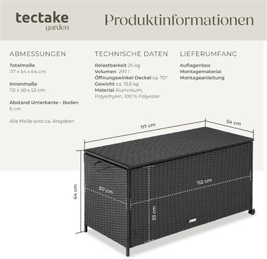 Скриня для саду Tectake з ротангу, чорна, 297л, водонепроникна, на колесах, для тераси та балкону 117x54x64 см