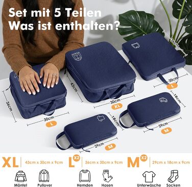 Набір компресійних органайзерів для одягу в дорогу (5 шт), нейлонові дорожні сумки-кубики для валізи та рюкзака, темно-синій