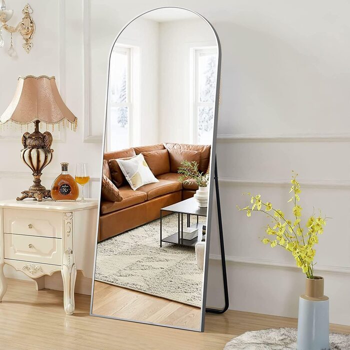 Нове дзеркало в повний зріст 163x54 см, підлогове дзеркало великого розміру з підставкою для стояння або притулення до стіни, підлогове дзеркало для спальні, ванної кімнати, вітальні, арочне (золото) (163 х 54 см, Срібне арочне)