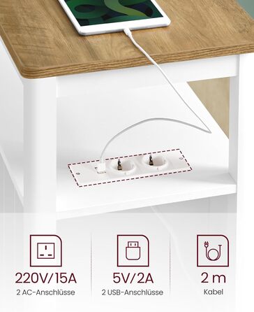 Приставний столик VASAGLE з розетками, 2 шухляди, для невеликих кімнат, стиль марина, горіхово-білий (LET327W14)