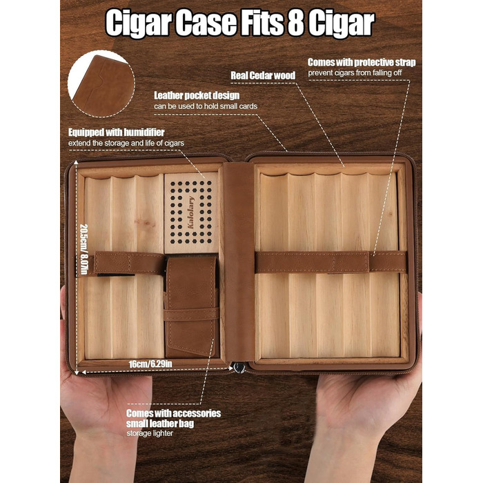 Вишуканий вологомір для сигар Kalolary з різаком, портативний, з кедровою обшивкою, вміщує до 8 сигар, чудовий подарунок для чоловіків (колір: коричневий)