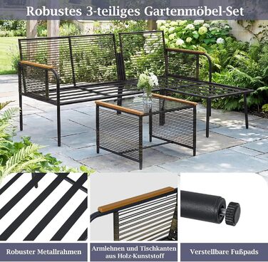 Садовий набір меблів з ротангу COSTWAY: Лаунж-комплект з столом та подушками для саду, балкону, тераси - 3-х місний сірий