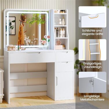 Білий туалетний столик для макіяжу з LED-підсвічуванням та дзеркалом | 3 ящики, 3 полиці, шафка | Столик для макіяжу для спальні