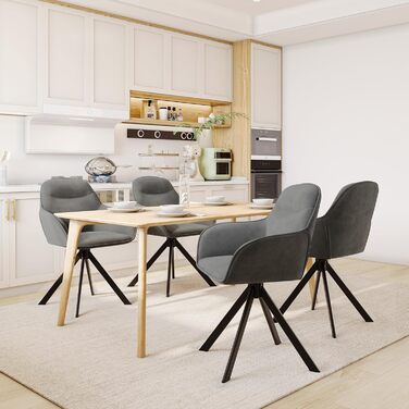 Набір з 6 обертових кухонних стільців з підлокітниками, м'який стілець з велюру, для вітальні та їдальні, темно-сірий