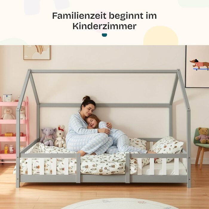 Дитяче ліжко Sisimiut Montessori від en.casa з бортиками, 120x200 см, світло-сірий/білий, з ламелями