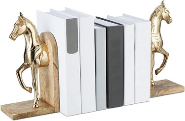 Набір підставок для книг Relaxdays з 2 шт. , декоративний, фігурки коней, для книжкової шафи, елегантний дизайн, ВхШхГ 26,5x9x13 см, натуральний/золотий