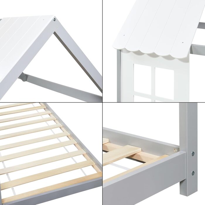 Дитяче ліжко Tostedt en.casa: ліжко-будиночок, ліжко для підлітків, ліжко-ігровий будиночок, напіввідкритий дизайн, ліжко Монтессорі з масиву сосни, 120x200 см, рожево-біле