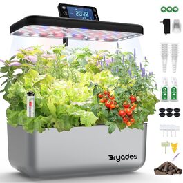 Гідропонна система вирощування 12 капсул, розумний сад для трав з LED-лампою повного спектру 24W, для дому/офісу/школи (сріблястий), 12 капсул - сріблястий