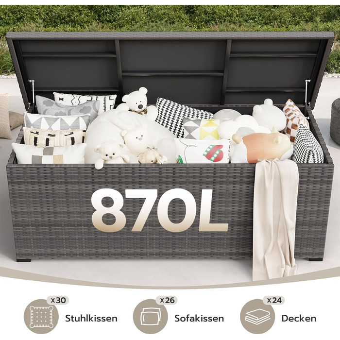 Водонепроникний садовий ящик Amopatio Gartenbox 650л з поліротангу для подушок, металевий ящик для зберігання з газліфтами для саду та балкону, сірий