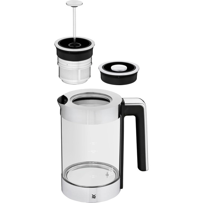 Електричний чайник WMF Lono Silk 1.6 л з нержавіючої сталі, з фільтром від накипу, бездротовий, з поворотним підставою, антифнгер, відкривання однією рукою, зовнішній індикатор рівня води (1.4л - 1.7л)