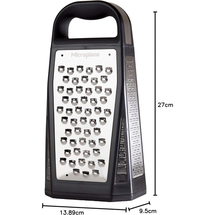 Терка Microplane для овочів та сиру з 5 різними поверхнями (дрібна, велика, дуже велика, двостороння) з нержавіючої сталі - Made in USA, чорний/нержавіюча сталь