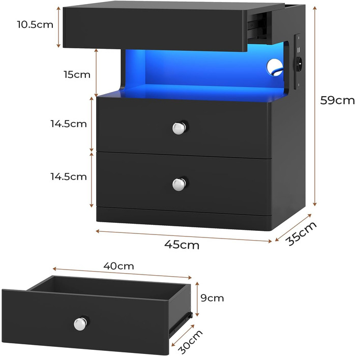 Нічний столик AOGLLATI з прихованим відділенням, розеткою та LED-підсвічуванням, 2 шухляди, висувний ящик, полиця, глянцева поверхня (40x35x59 см, чорний, 2)
