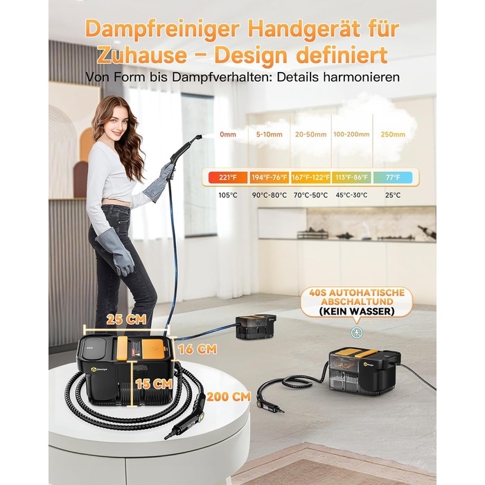 Пароочисник Gautye 3-рівневий регульований руків'я, нагрів за 10 секунд, бак 2L, 18 насадок, для кухні, ванної, підлоги, авто, вікон, чорний