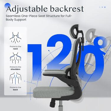 Органічний офісний стіл FLEXISPOT з 2D-підголівником, відкидними підлокітниками та динамічною поперековою підтримкою. Стілець з функцією нахилу 120° для дому, офісу та робочого кабінету (51 x 73 x 115 см, сірий)