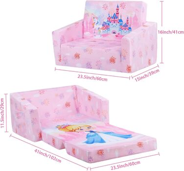 Дитяче крісло-диван 2 в 1 з кишенькою та антиковзаючим подушкою, розкладне, для спальні, вітальні, ігрової кімнати (Принцеса)