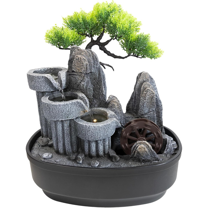 Кімнатний фонтан Lemodo Zimmerbrunnen LED 3-рівневий, з підсвіткою, для дому, офісу, вологостійкий, 27x19x33 см (Водяне колесо)