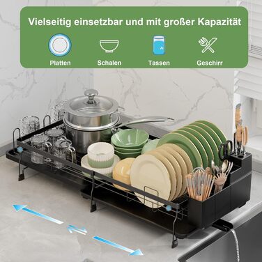 Сушарка для посуду ROTTOGOON розширювана, чорна: складана стійка з нержавіючої сталі, зливний жолоб та відділення для столових приборів
