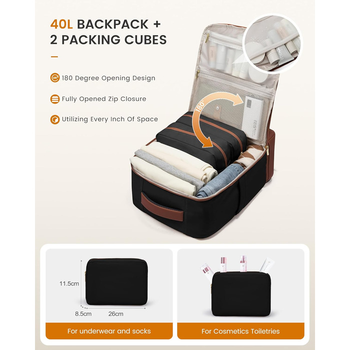 LOVEVOOK Рюкзак для ручної поклажі 40L з окремим відділенням для взуття, жіночий, для подорожей (3 шт.)