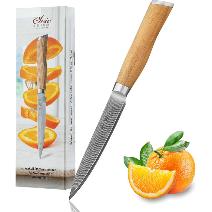 Ніж кухарський Wakoli з дамаської сталі (серцевина VG10), 20 см – гострий та збалансований – ніж з ручкою з оливкового дерева в подарунковій коробці – кухонний ніж Damask для професіоналів та любителів (універсальний)