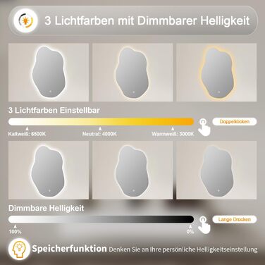 Дзеркало для ванної кімнати Badspiegel 70x50см з підсвічуванням 3 кольори, сенсорне керування, прямокутне, 62x90см, енергоклас A++