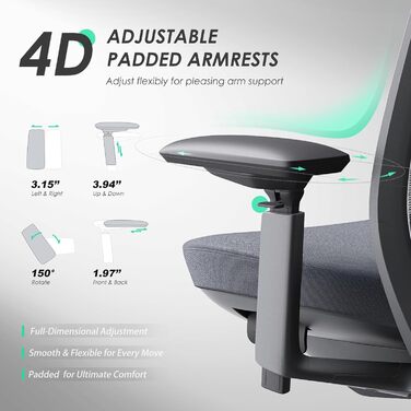Офісне крісло Colamy з ергономічною підтримкою попереку та підголівником, регульована висота, 4D підлокітники, синхронний механізм, дихаюча сітка, висока спинка, для дому та офісу (чорно-сірий)