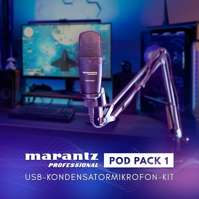 Мікрофон конденсаторний Marantz Professional MPM-1000U з великою мембраною, USB, з нирковим характером для подкастів, студії, геймінгу, з кабелем USB та кліпсою для мікрофона (Pod Pack 1)