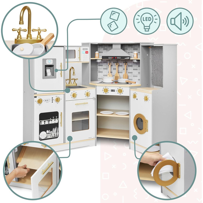 Дитяча дерев'яна кухня Mamabrum XXXL з LED-підсвічуванням та аксесуарами: мікрохвильова піч, посуд, столові прибори. Ігровий набір для дітей 3+