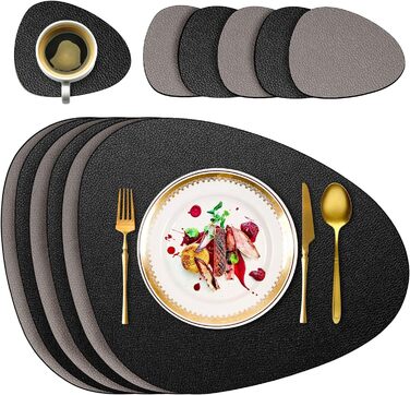 Набір з 6 серветок на стіл, миючі, з підставками, двосторонні, з імітацією шкіри, водонепроникні для обіднього столу, кухні, ресторану та дому (6 шт., чорний)