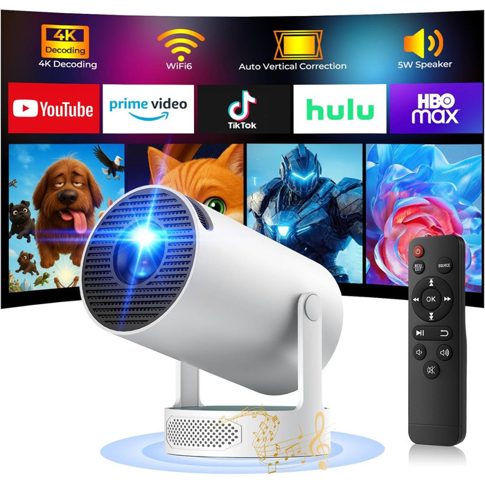 Портативний проєктор PR08A: 4K Smart Beamer з Wi-Fi 6, Bluetooth 5.4, динаміком 5W та Keystone 270° (Android 11, HDMI, TV Stick, Laptop)