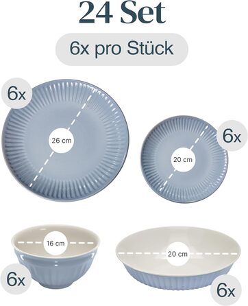 Набір посуду Steingut Hygge 24 елементи (6 осіб), сіро-блакитний колір, преміум якість, комплект посуду для сервірування столу