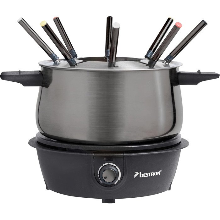 Електричний фондю-набір Bestron для 8 осіб з 8 виделок, регульований термостат та захист від бризок, сірий титан
