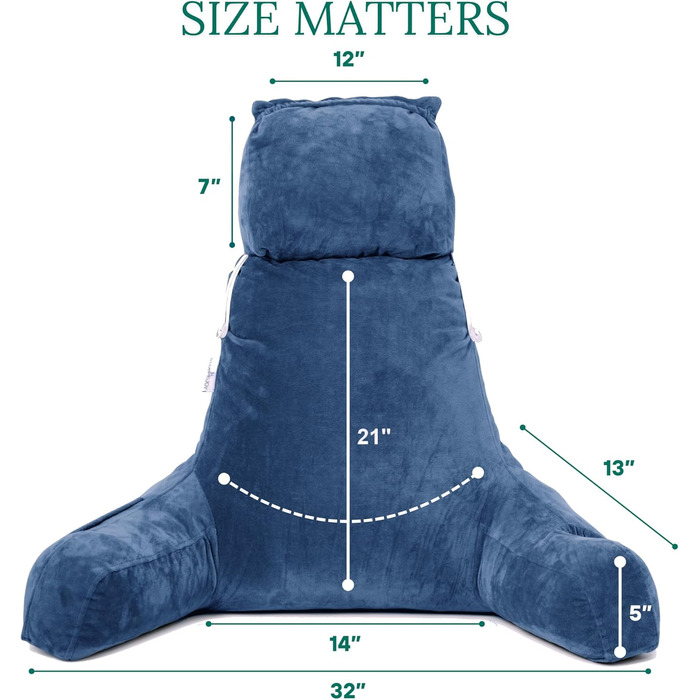 Storrejoy Велике крісло-лежак для читання з підголовником, кишенями та тримачем для книги/планшета (антрацит, блакитний)