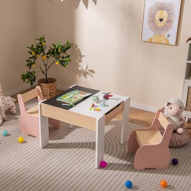 Дерев'яний дитячий стіл з 2 стільцями Dreamade, 3 шт. Дитяча меблева група з двостороннім столиком та місцем для зберігання, комплект меблів для дітей, меблі для хлопчиків та дівчаток (Білий) (Рожевий)