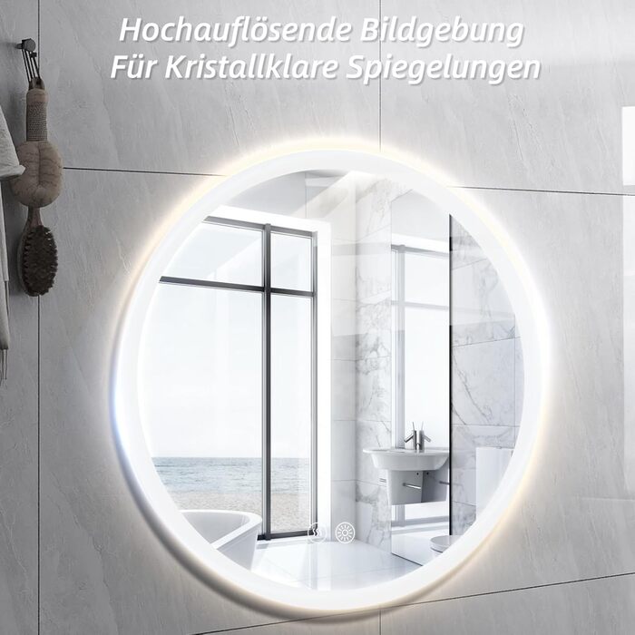 Дзеркало для ванної кімнати HySail з підсвічуванням, 5 мм, висока роздільна здатність, срібне покриття, 3 колірні температури, регульована яскравість, антизапарник, кругле, 60x60 см