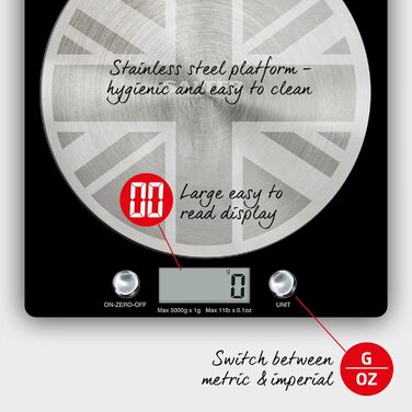 Цифрові кухонні ваги Salter 1036 OLFEU16 Olympus - електричні харчові ваги з платформою з нержавіючої сталі, місткість 5 кг, ваги для випікання з функцією тарування, вимірювання рідин, РК-дисплей, (чорний/Union Jack)