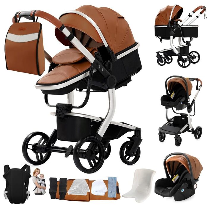 Дитяча коляска 3 в 1 Kinderwagen, 0-4 роки, складна, компактна, з автокріслом, аксесуари, бежевий (3 in 1-B518)