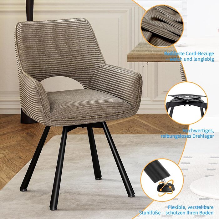 Набір обідніх стільців 4 шт. поворотні 360°, з підлокітниками, металеві ніжки, для кухні/обідньої кімнати, з м'якою оббивкою з велюру, бежеві (1 шт. поворотний, 1 шт. тауп)