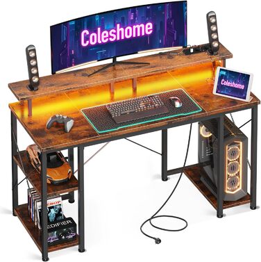 Ігровий стіл Coleshome з LED-підсвічуванням, 120x50 см, коричневий. Стіл для комп'ютера з 2 розетками, 2 USB-портами, підставкою для монітора та місцем для зберігання. Підходить для дому та офісу.
