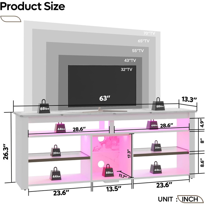 Тумба під телевізор Bestier 70 дюймів з підсвіткою LED, для PS5, біла мармурова - 160x33.8x66.8 см