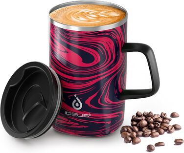 Кружка для кави та чаю Ideus® 470 мл з подвійними стінками, з нержавіючої сталі, з антиковзним руків'ям та кришкою-модулем, великий об'єм (Червоно-зебра)