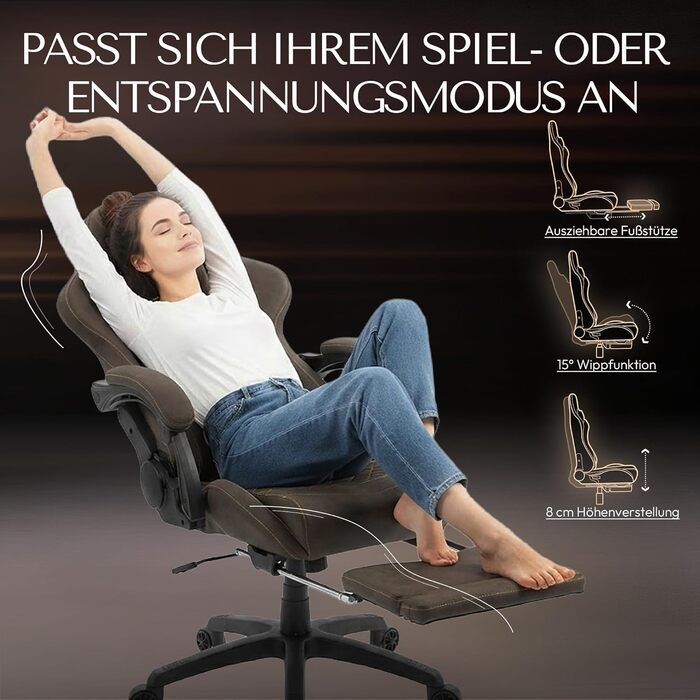Ігровий крісло Dowinx з регульованою підніжкою, масажером попереку та офісним комфортом, до 200 кг, нахил спинки 165°, коричневий