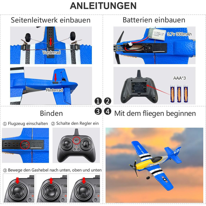 RC літак HAWK'S WORK P-51D Mustang 2.4GHz, готовий до польоту, 6-осьовий гіростабілізатор, синій - для дітей та початківців