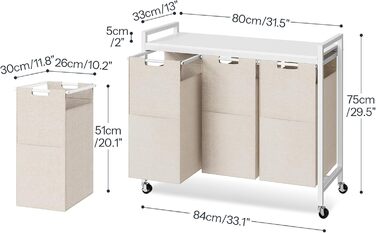 Кошик для білизни HOOBRO з 3 відділеннями, 119 л, білий, на колесах