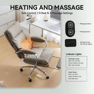 Офісний крісло EMIAH з підставкою для ніг, ергономічний крісло для офісу та дому, комп'ютерне крісло з PU шкіри, з підлокітниками та роликами (Хакі)