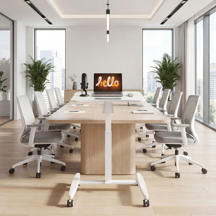 Регульований за висотою стіл для стояння, мобільний стіл з нахиленою стільницею, стопор безпеки, колеса, білий