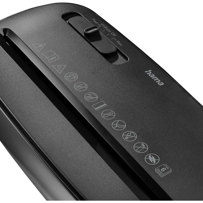 Електричний шредер для документів Hama, професійний, для дому та офісу, 6 листів, безпека 2 (DSGVO), 8 л, безпосередній завантаження